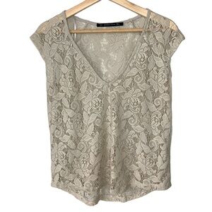 ZARA Trafaluc Cream Sheer Floral Lace Cap Sleeve Blouse Women's Size Small